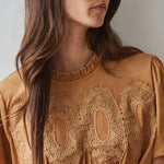 butterscotch brown top, women's fall blouse, lace trim top, suede look top, brown short sleeve blouse, ruffle neck top, women's thanksgiving top, boho fall blouse, vintage inspired fall top