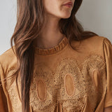 butterscotch brown top, women's fall blouse, lace trim top, suede look top, brown short sleeve blouse, ruffle neck top, women's thanksgiving top, boho fall blouse, vintage inspired fall top