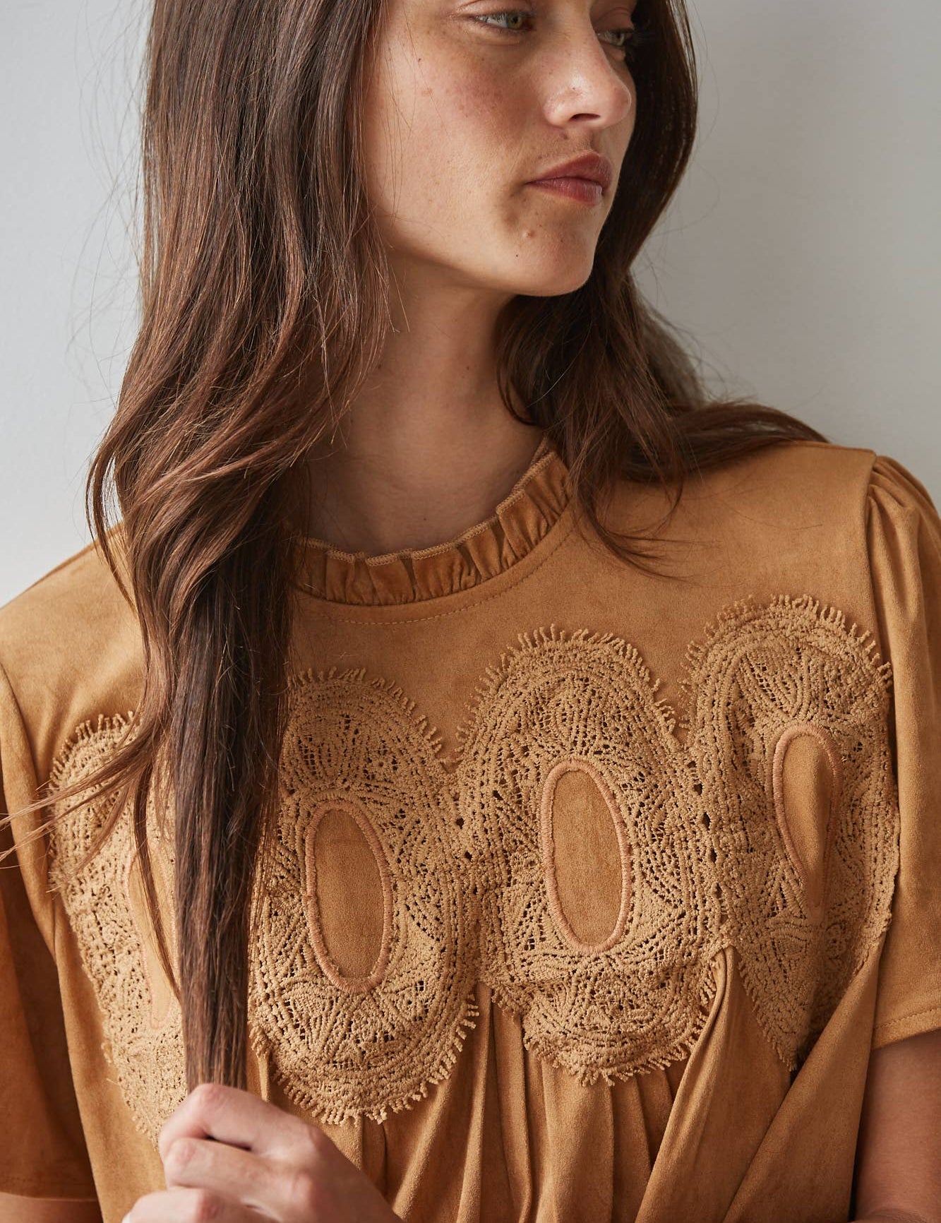 butterscotch brown top, women's fall blouse, lace trim top, suede look top, brown short sleeve blouse, ruffle neck top, women's thanksgiving top, boho fall blouse, vintage inspired fall top