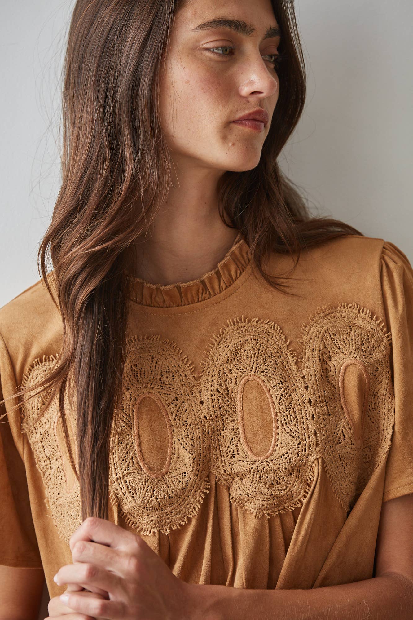 butterscotch brown top, women's fall blouse, lace trim top, suede look top, brown short sleeve blouse, ruffle neck top, women's thanksgiving top, boho fall blouse, vintage inspired fall top