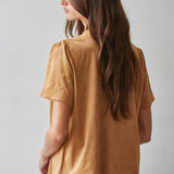 butterscotch brown top, women's fall blouse, lace trim top, suede look top, brown short sleeve blouse, ruffle neck top, women's thanksgiving top, boho fall blouse, vintage inspired fall top