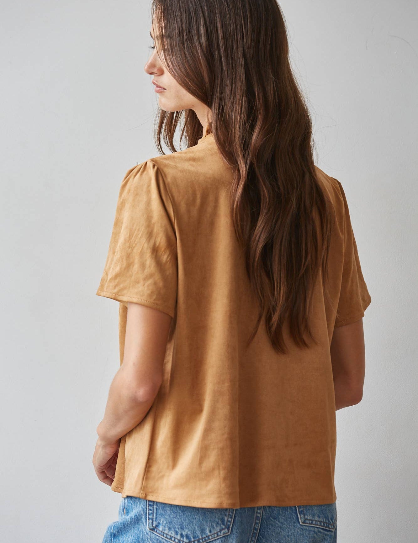 butterscotch brown top, women's fall blouse, lace trim top, suede look top, brown short sleeve blouse, ruffle neck top, women's thanksgiving top, boho fall blouse, vintage inspired fall top