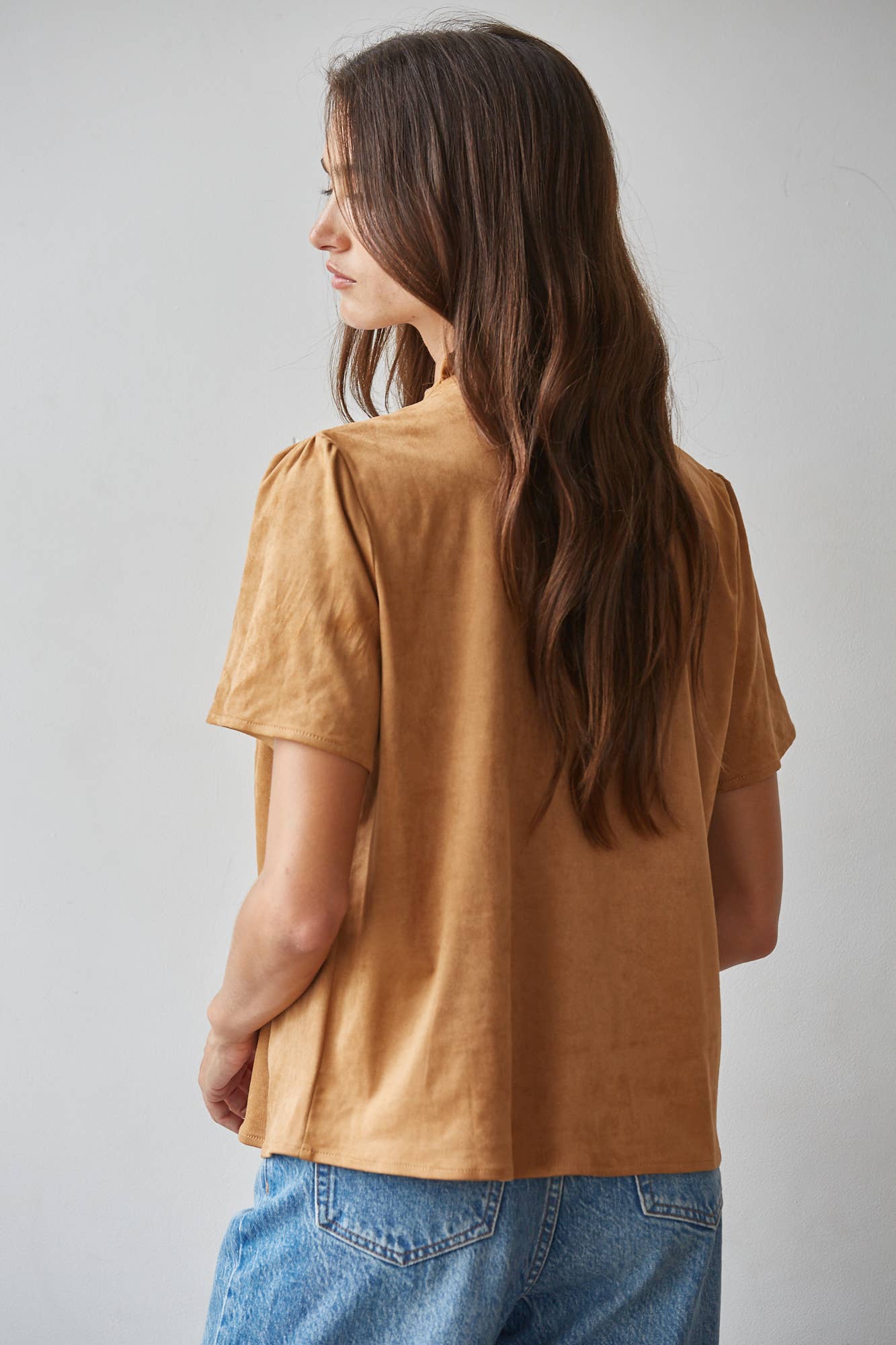 butterscotch brown top, women's fall blouse, lace trim top, suede look top, brown short sleeve blouse, ruffle neck top, women's thanksgiving top, boho fall blouse, vintage inspired fall top