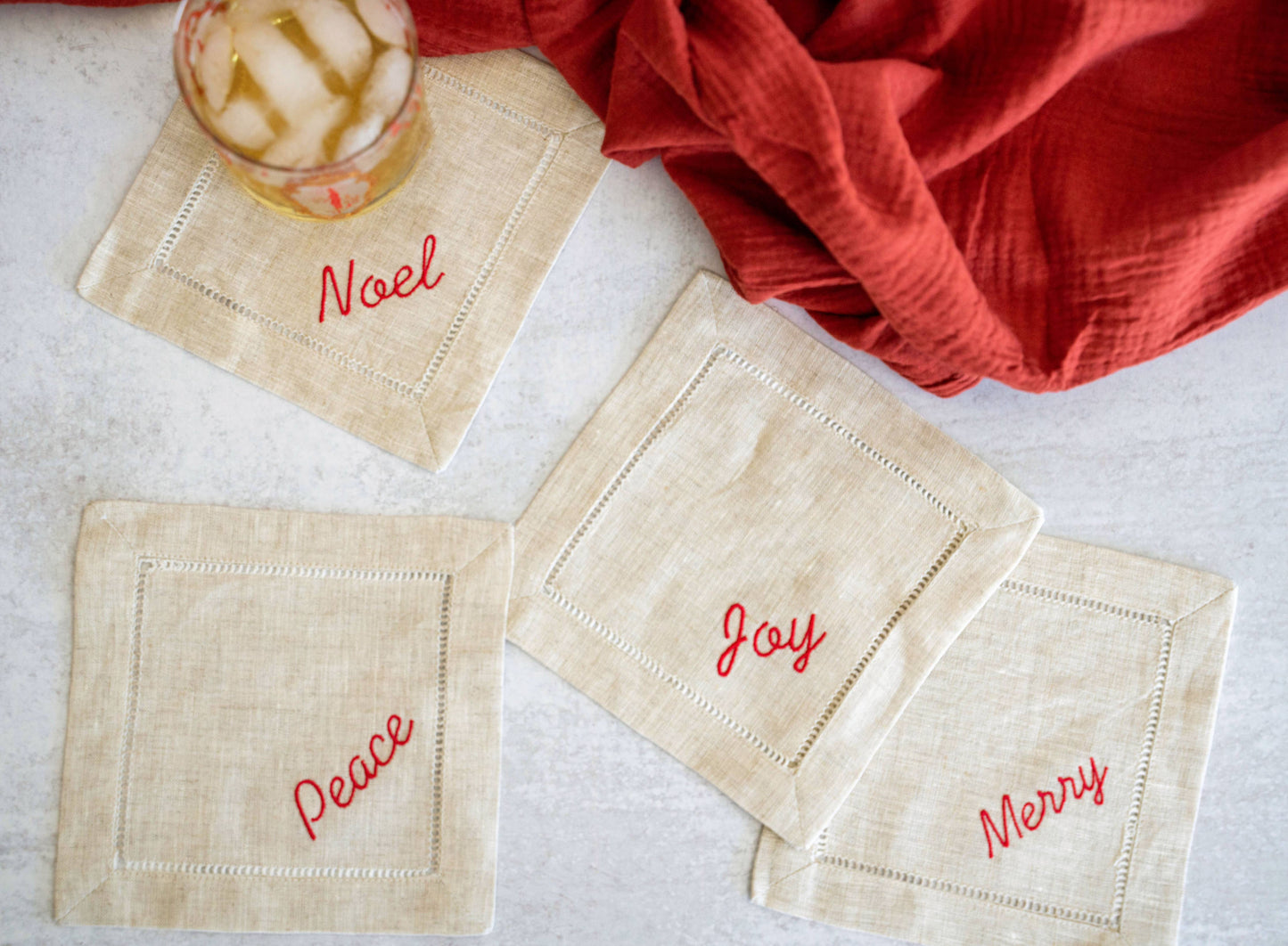 Holiday Linen Coaster Set — Joy, Noel, Merry, Peace