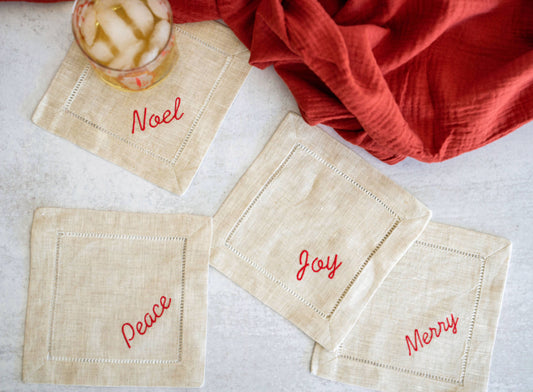 Holiday Linen Coaster Set — Joy, Noel, Merry, Peace