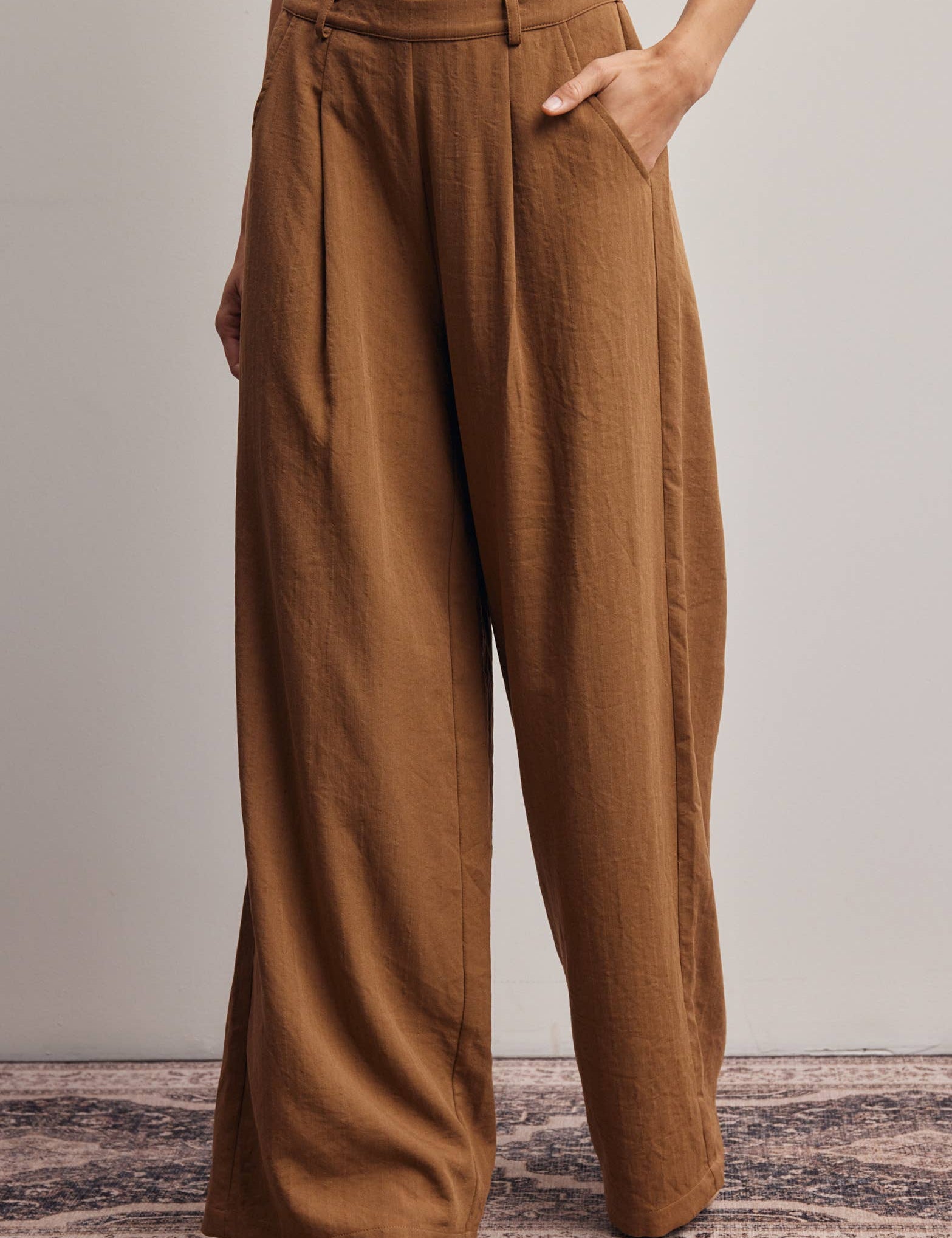 camel wide leg pants, pleated wide leg trousers, elastic back waist pants, lightweight woven pants, flowy work pants, women's tailored trousers, neutral fall pants, boutique women's bottoms, west of may boutique