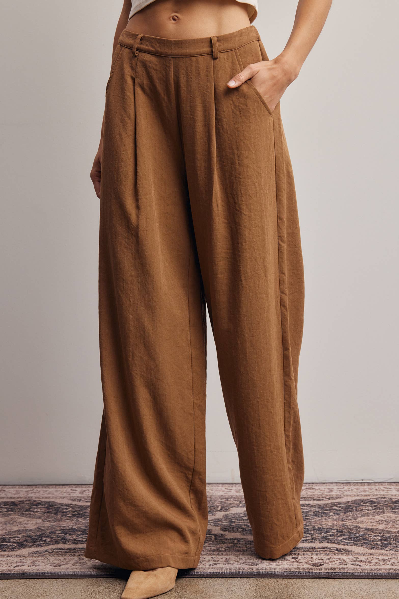 camel wide leg pants, pleated wide leg trousers, elastic back waist pants, lightweight woven pants, flowy work pants, women's tailored trousers, neutral fall pants, boutique women's bottoms, west of may boutique