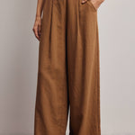 camel wide leg pants, pleated wide leg trousers, elastic back waist pants, lightweight woven pants, flowy work pants, women's tailored trousers, neutral fall pants, boutique women's bottoms, west of may boutique
