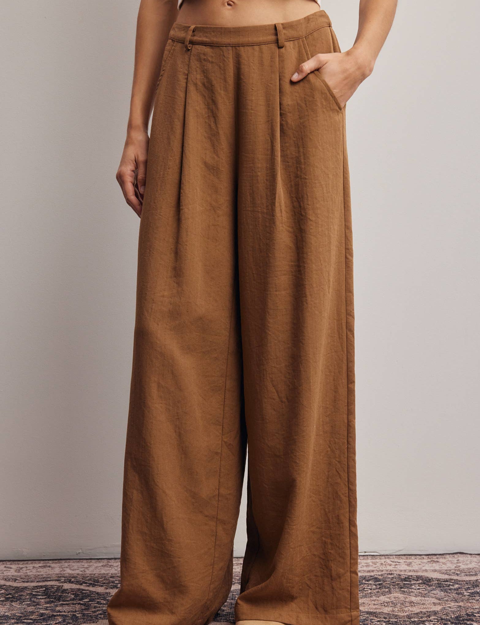 camel wide leg pants, pleated wide leg trousers, elastic back waist pants, lightweight woven pants, flowy work pants, women's tailored trousers, neutral fall pants, boutique women's bottoms, west of may boutique