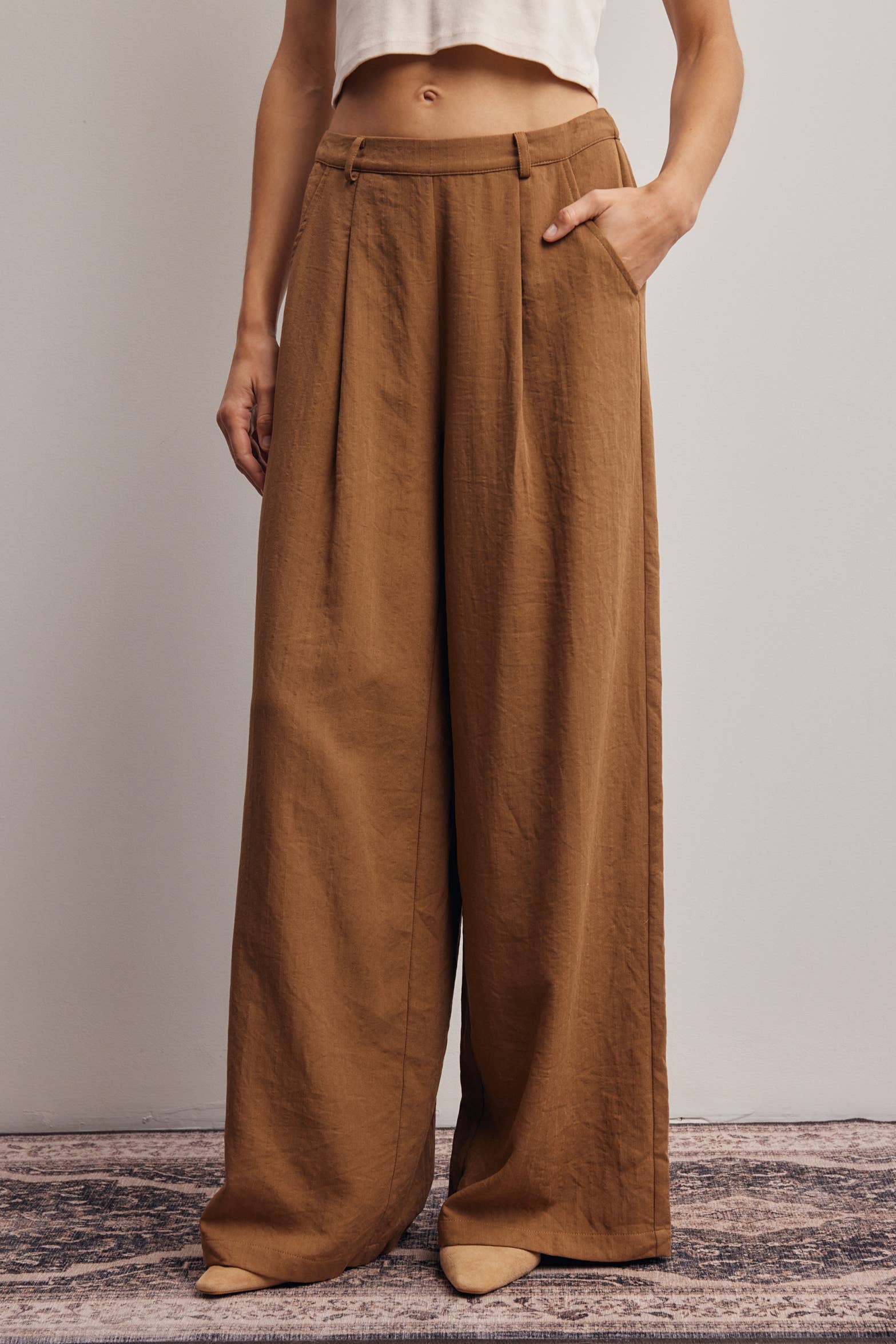 camel wide leg pants, pleated wide leg trousers, elastic back waist pants, lightweight woven pants, flowy work pants, women's tailored trousers, neutral fall pants, boutique women's bottoms, west of may boutique