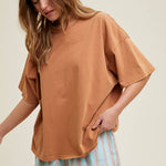 oversized cotton t shirt, boxy fit tee, relaxed everyday t shirt, lightweight cotton tee, oversized brown t shirt, casual summer basic top, women's oversized crew neck tee, relaxed fit cotton shirt