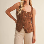 brown cotton vest, button front vest top, square neck vest, tailored vest women, pintuck vest top, western inspired vest, sleeveless button top, lined cotton vest, structured summer top, brown sleeveless blouse