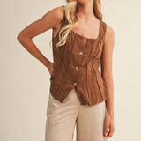 brown cotton vest, button front vest top, square neck vest, tailored vest women, pintuck vest top, western inspired vest, sleeveless button top, lined cotton vest, structured summer top, brown sleeveless blouse