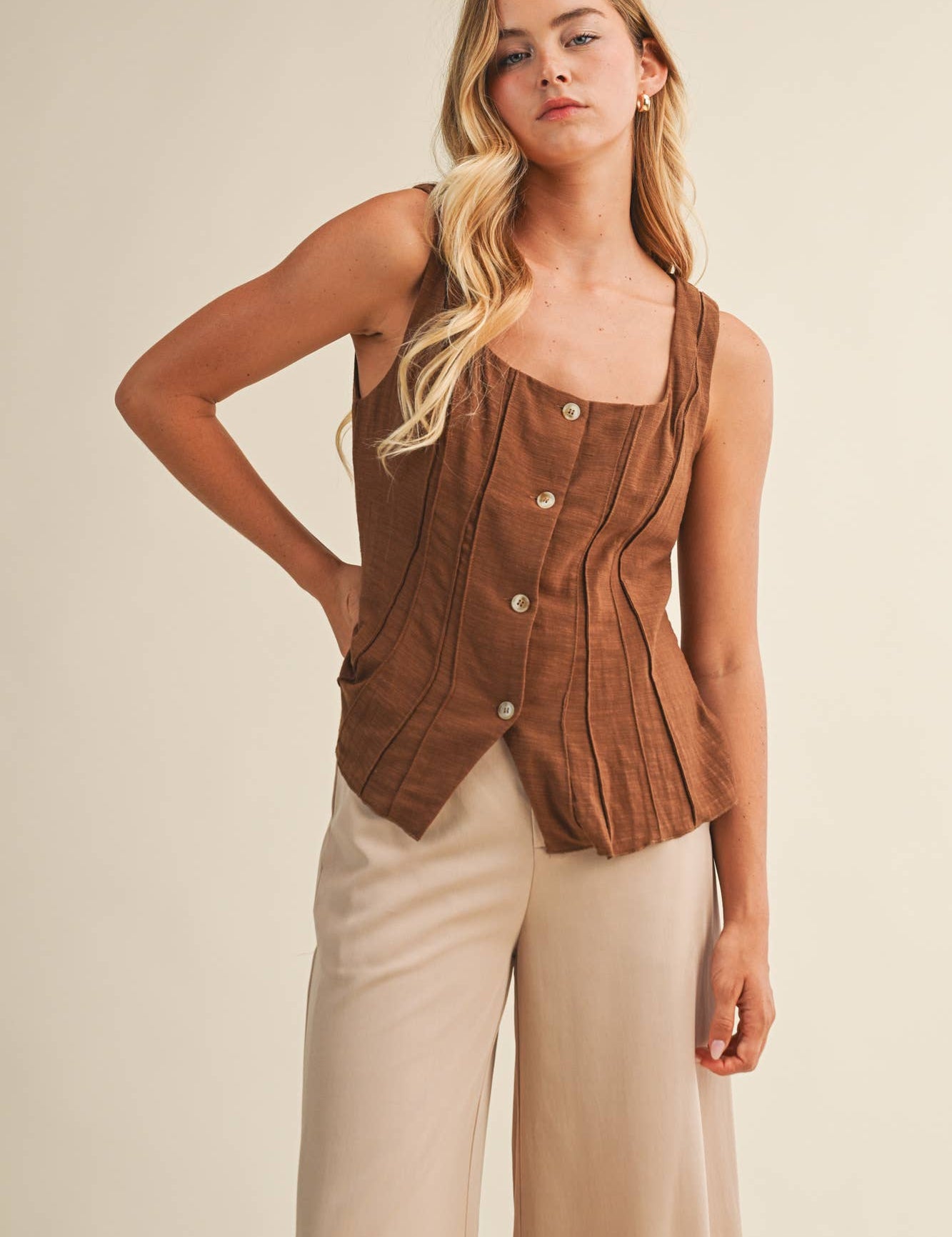 brown cotton vest, button front vest top, square neck vest, tailored vest women, pintuck vest top, western inspired vest, sleeveless button top, lined cotton vest, structured summer top, brown sleeveless blouse