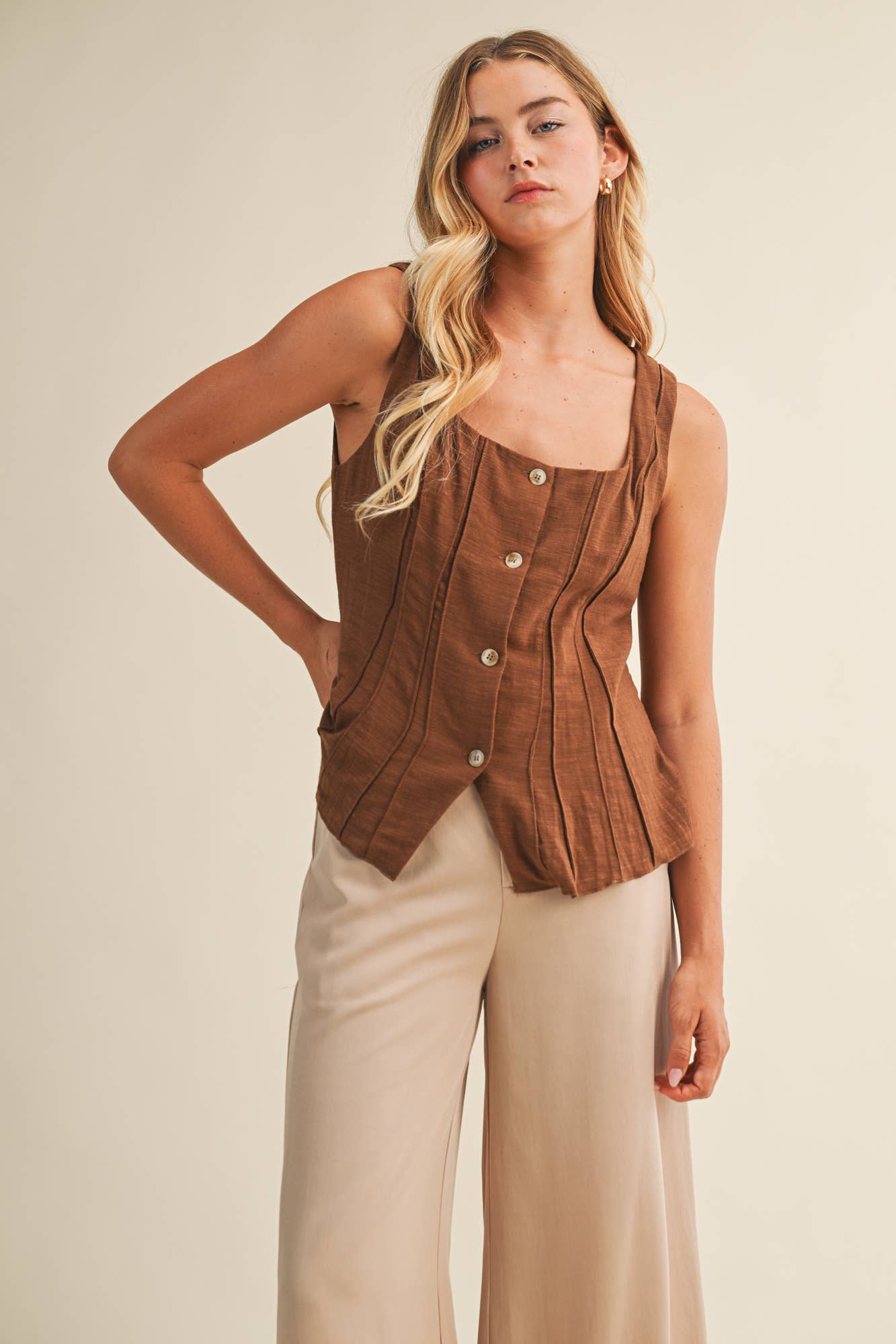 brown cotton vest, button front vest top, square neck vest, tailored vest women, pintuck vest top, western inspired vest, sleeveless button top, lined cotton vest, structured summer top, brown sleeveless blouse