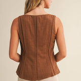 brown cotton vest, button front vest top, square neck vest, tailored vest women, pintuck vest top, western inspired vest, sleeveless button top, lined cotton vest, structured summer top, brown sleeveless blouse