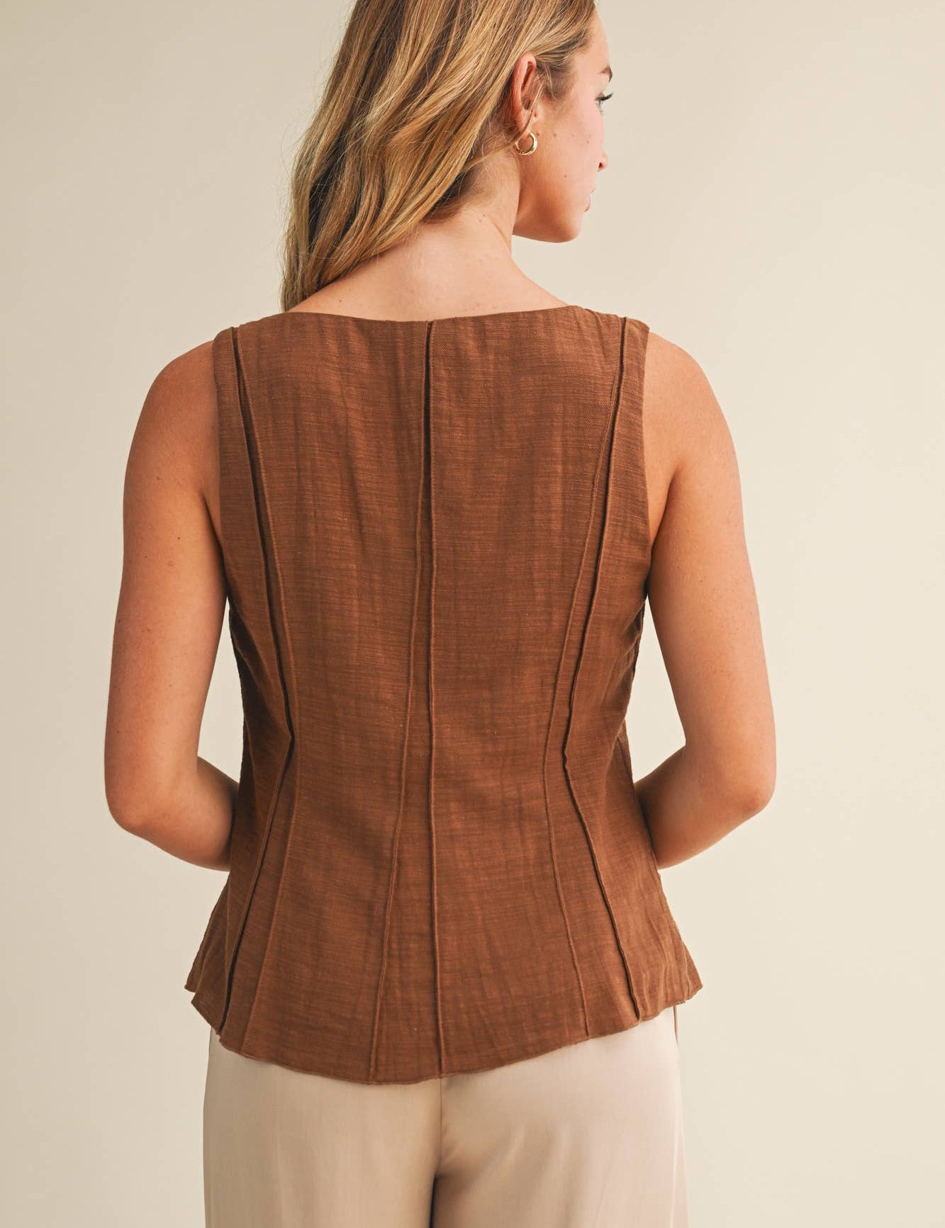 brown cotton vest, button front vest top, square neck vest, tailored vest women, pintuck vest top, western inspired vest, sleeveless button top, lined cotton vest, structured summer top, brown sleeveless blouse