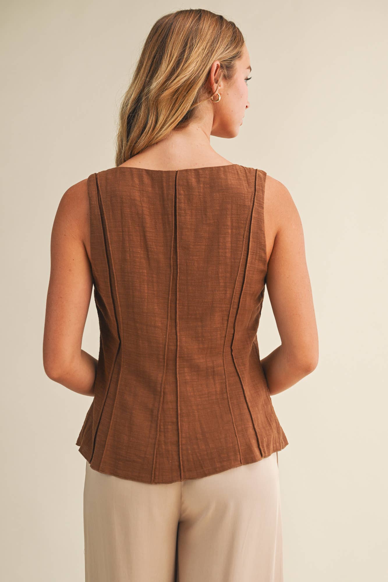 brown cotton vest, button front vest top, square neck vest, tailored vest women, pintuck vest top, western inspired vest, sleeveless button top, lined cotton vest, structured summer top, brown sleeveless blouse