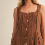 brown cotton vest, button front vest top, square neck vest, tailored vest women, pintuck vest top, western inspired vest, sleeveless button top, lined cotton vest, structured summer top, brown sleeveless blouse