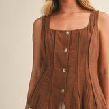 brown cotton vest, button front vest top, square neck vest, tailored vest women, pintuck vest top, western inspired vest, sleeveless button top, lined cotton vest, structured summer top, brown sleeveless blouse