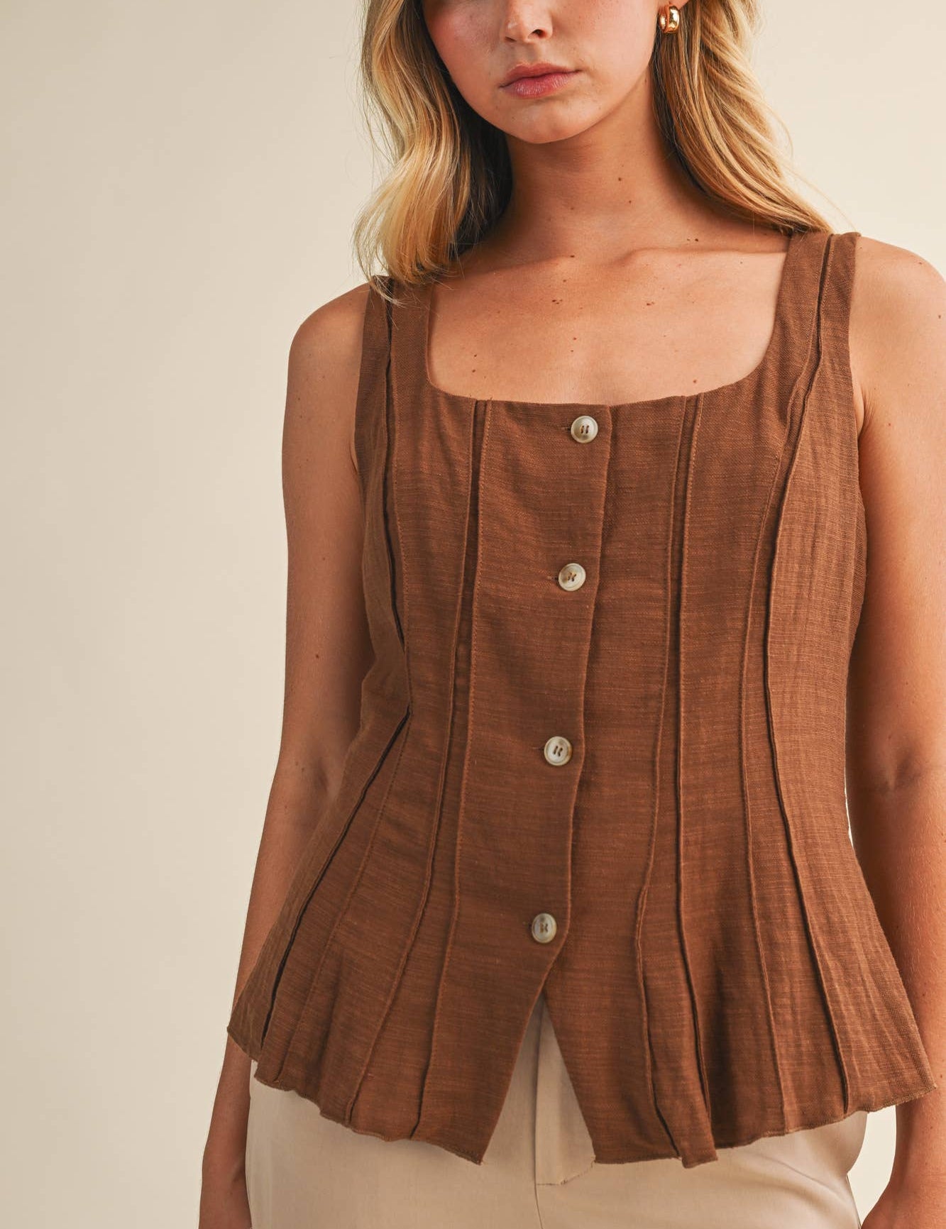 brown cotton vest, button front vest top, square neck vest, tailored vest women, pintuck vest top, western inspired vest, sleeveless button top, lined cotton vest, structured summer top, brown sleeveless blouse