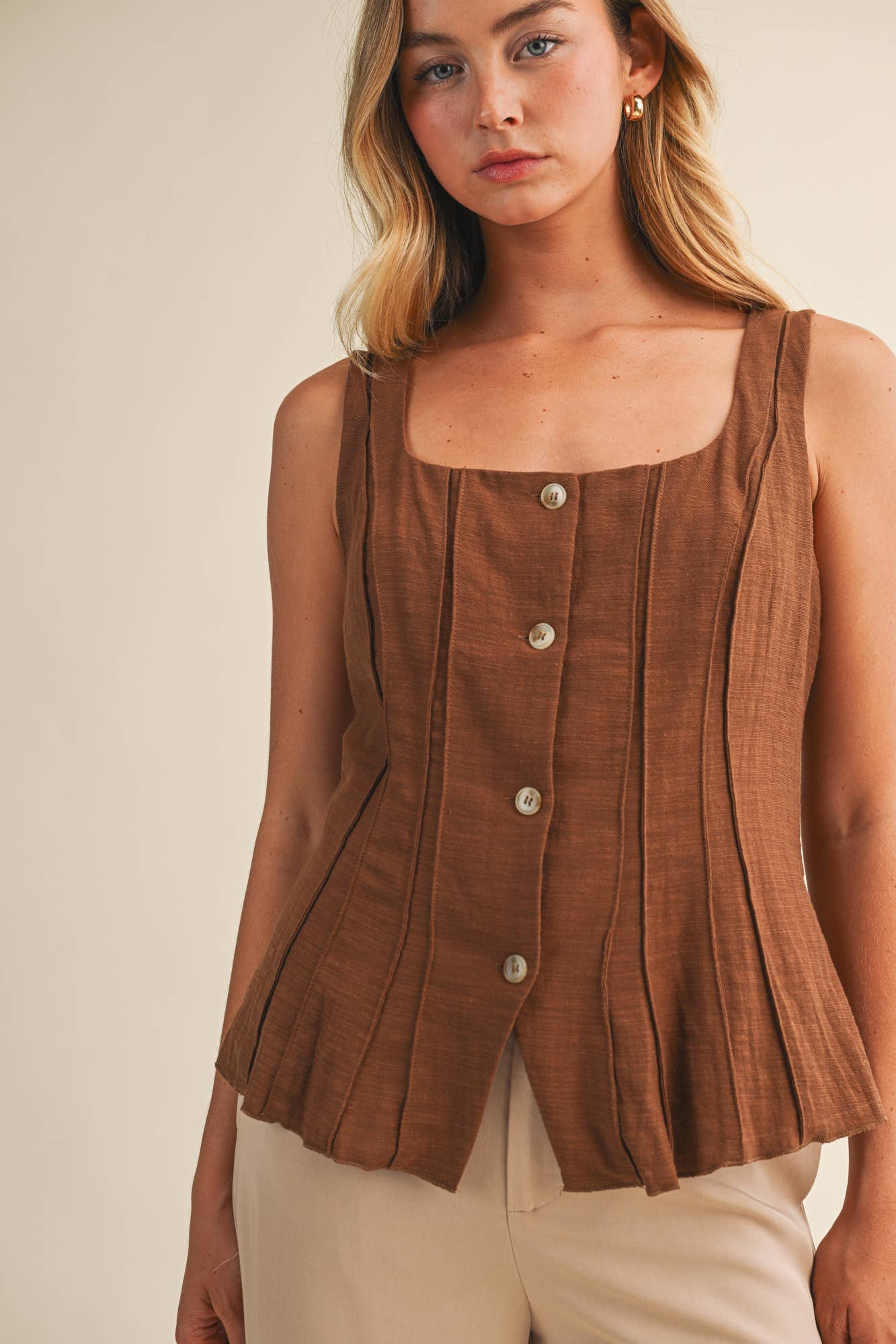 brown cotton vest, button front vest top, square neck vest, tailored vest women, pintuck vest top, western inspired vest, sleeveless button top, lined cotton vest, structured summer top, brown sleeveless blouse
