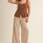brown cotton vest, button front vest top, square neck vest, tailored vest women, pintuck vest top, western inspired vest, sleeveless button top, lined cotton vest, structured summer top, brown sleeveless blouse