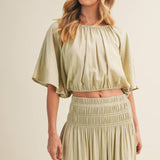sage green peasant blouse, shirred waist blouse, voluminous sleeve top, cropped peasant top, gathered neckline blouse, boho woven blouse, elastic waist blouse, sage green crop top, romantic blouse, matching set top