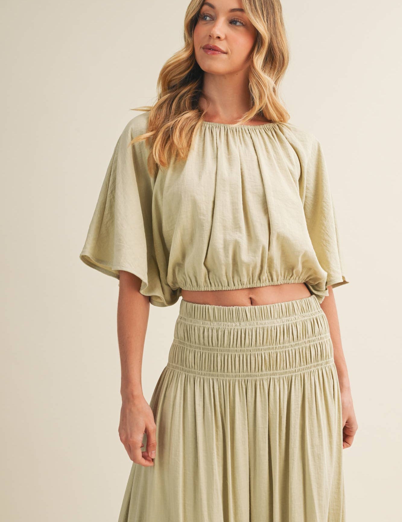 sage green peasant blouse, shirred waist blouse, voluminous sleeve top, cropped peasant top, gathered neckline blouse, boho woven blouse, elastic waist blouse, sage green crop top, romantic blouse, matching set top