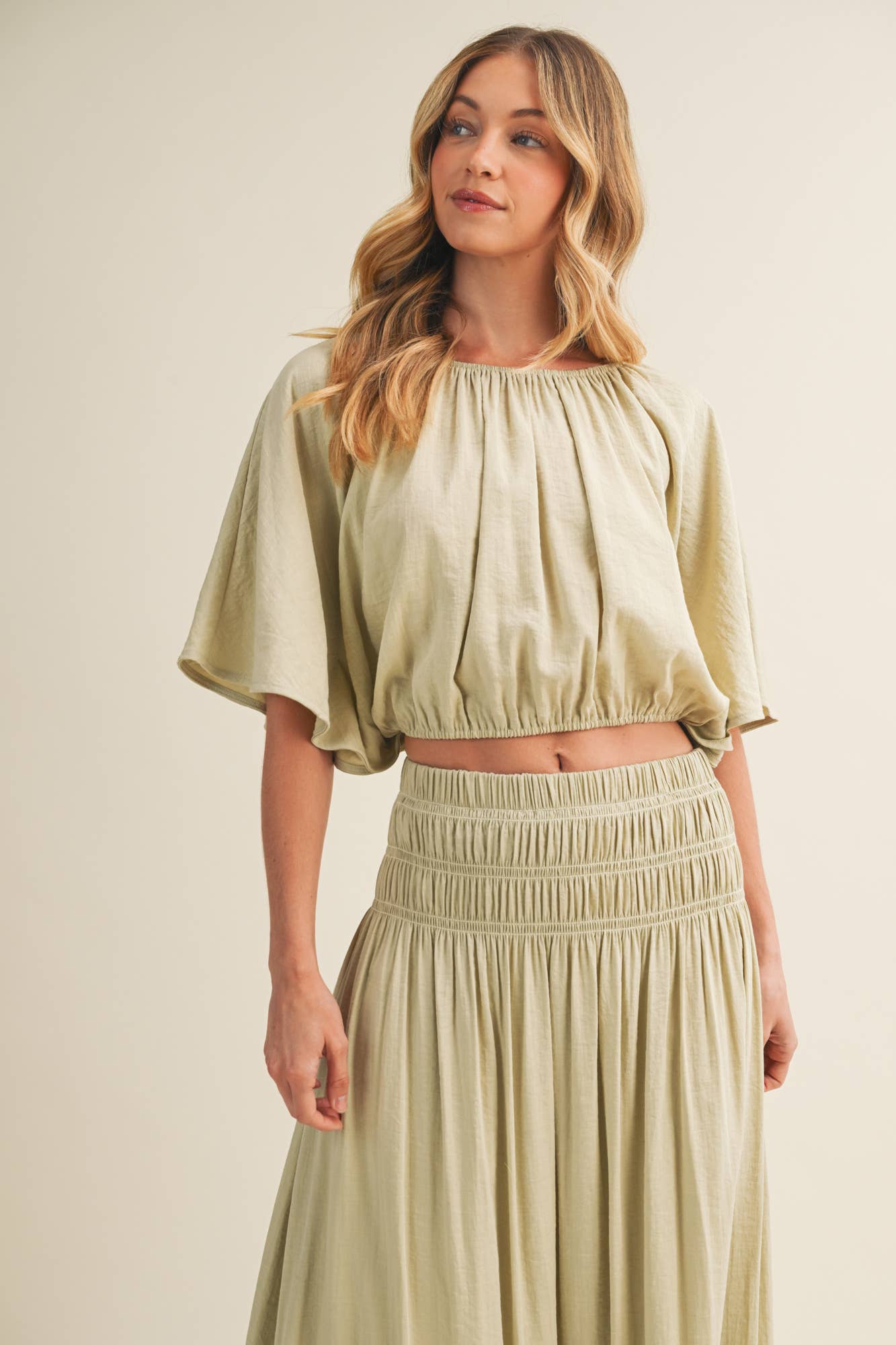 sage green peasant blouse, shirred waist blouse, voluminous sleeve top, cropped peasant top, gathered neckline blouse, boho woven blouse, elastic waist blouse, sage green crop top, romantic blouse, matching set top