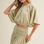 sage green peasant blouse, shirred waist blouse, voluminous sleeve top, cropped peasant top, gathered neckline blouse, boho woven blouse, elastic waist blouse, sage green crop top, romantic blouse, matching set top