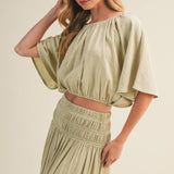 sage green peasant blouse, shirred waist blouse, voluminous sleeve top, cropped peasant top, gathered neckline blouse, boho woven blouse, elastic waist blouse, sage green crop top, romantic blouse, matching set top
