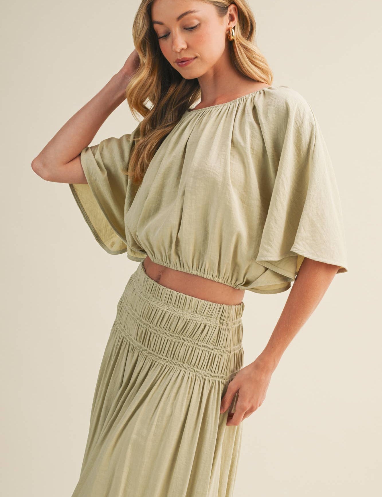 sage green peasant blouse, shirred waist blouse, voluminous sleeve top, cropped peasant top, gathered neckline blouse, boho woven blouse, elastic waist blouse, sage green crop top, romantic blouse, matching set top