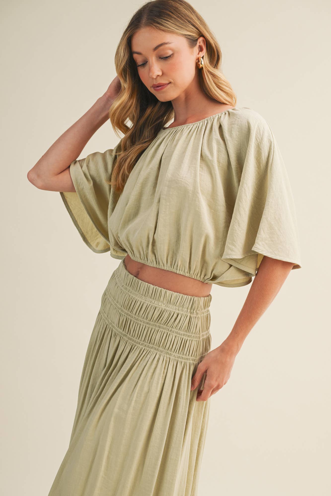 sage green peasant blouse, shirred waist blouse, voluminous sleeve top, cropped peasant top, gathered neckline blouse, boho woven blouse, elastic waist blouse, sage green crop top, romantic blouse, matching set top