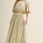 sage green maxi skirt, smocked waist maxi skirt, crinkle woven skirt, flowy boho maxi skirt, elastic waist maxi skirt, sage green skirt, lightweight maxi skirt, matching set skirt, women's resort skirt, romantic boho skirt