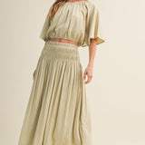 sage green maxi skirt, smocked waist maxi skirt, crinkle woven skirt, flowy boho maxi skirt, elastic waist maxi skirt, sage green skirt, lightweight maxi skirt, matching set skirt, women's resort skirt, romantic boho skirt