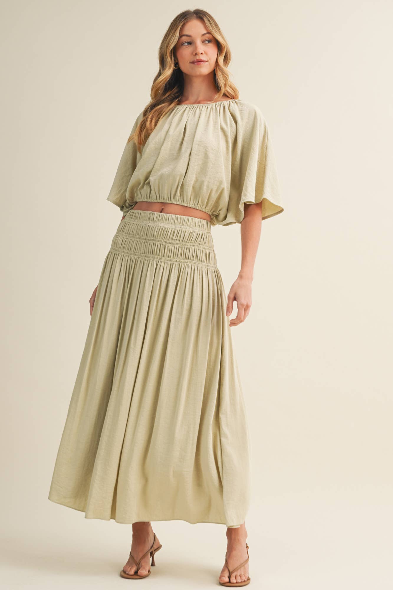 sage green maxi skirt, smocked waist maxi skirt, crinkle woven skirt, flowy boho maxi skirt, elastic waist maxi skirt, sage green skirt, lightweight maxi skirt, matching set skirt, women's resort skirt, romantic boho skirt