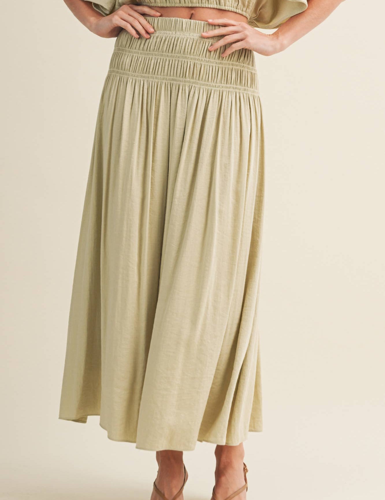sage green maxi skirt, smocked waist maxi skirt, crinkle woven skirt, flowy boho maxi skirt, elastic waist maxi skirt, sage green skirt, lightweight maxi skirt, matching set skirt, women's resort skirt, romantic boho skirt