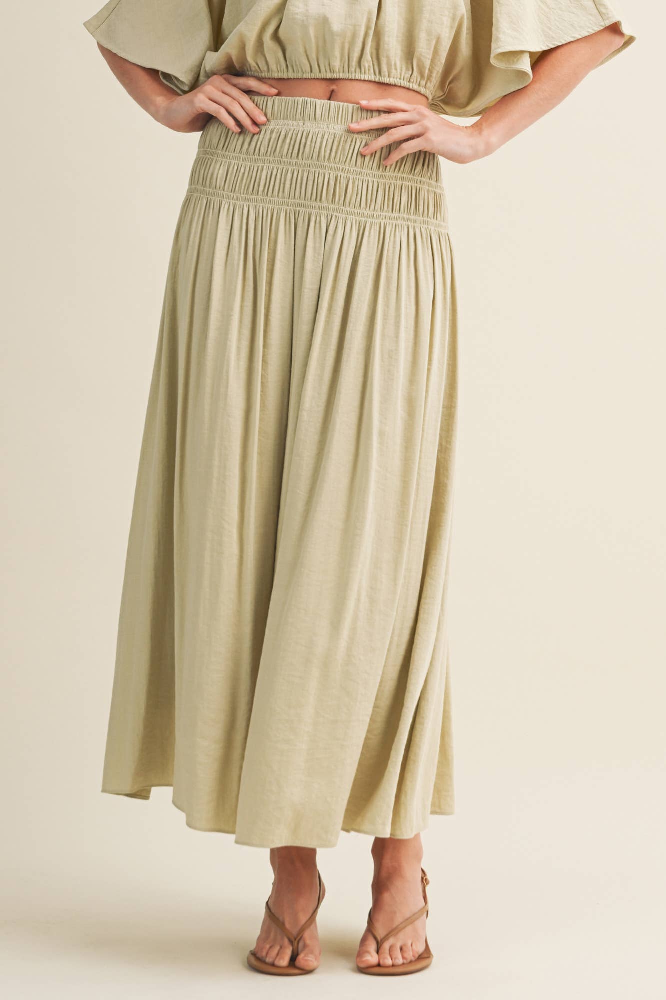 sage green maxi skirt, smocked waist maxi skirt, crinkle woven skirt, flowy boho maxi skirt, elastic waist maxi skirt, sage green skirt, lightweight maxi skirt, matching set skirt, women's resort skirt, romantic boho skirt