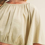 sage green peasant blouse, shirred waist blouse, voluminous sleeve top, cropped peasant top, gathered neckline blouse, boho woven blouse, elastic waist blouse, sage green crop top, romantic blouse, matching set top