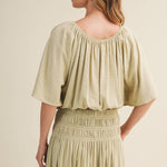 sage green peasant blouse, shirred waist blouse, voluminous sleeve top, cropped peasant top, gathered neckline blouse, boho woven blouse, elastic waist blouse, sage green crop top, romantic blouse, matching set top