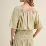 sage green peasant blouse, shirred waist blouse, voluminous sleeve top, cropped peasant top, gathered neckline blouse, boho woven blouse, elastic waist blouse, sage green crop top, romantic blouse, matching set top