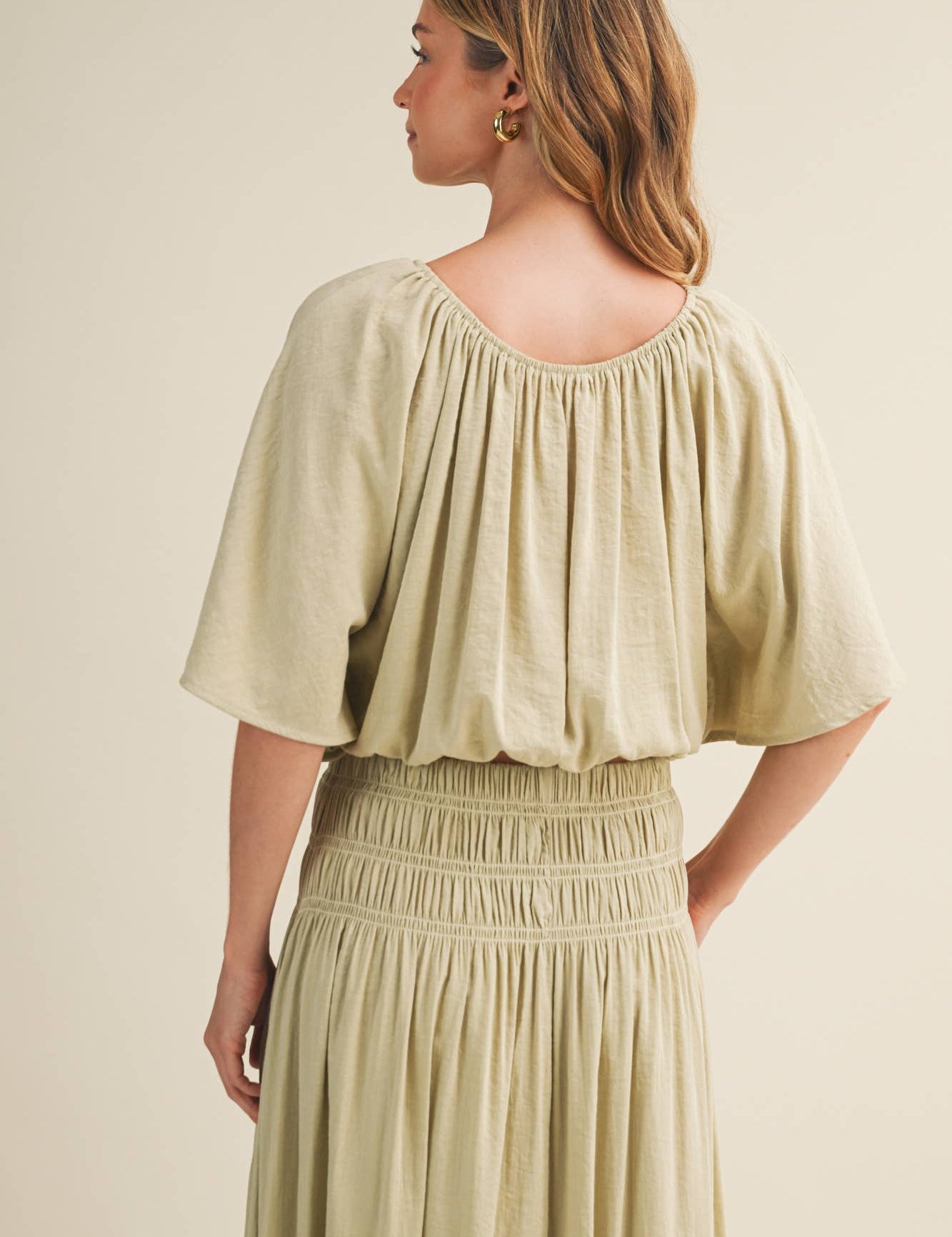 sage green peasant blouse, shirred waist blouse, voluminous sleeve top, cropped peasant top, gathered neckline blouse, boho woven blouse, elastic waist blouse, sage green crop top, romantic blouse, matching set top