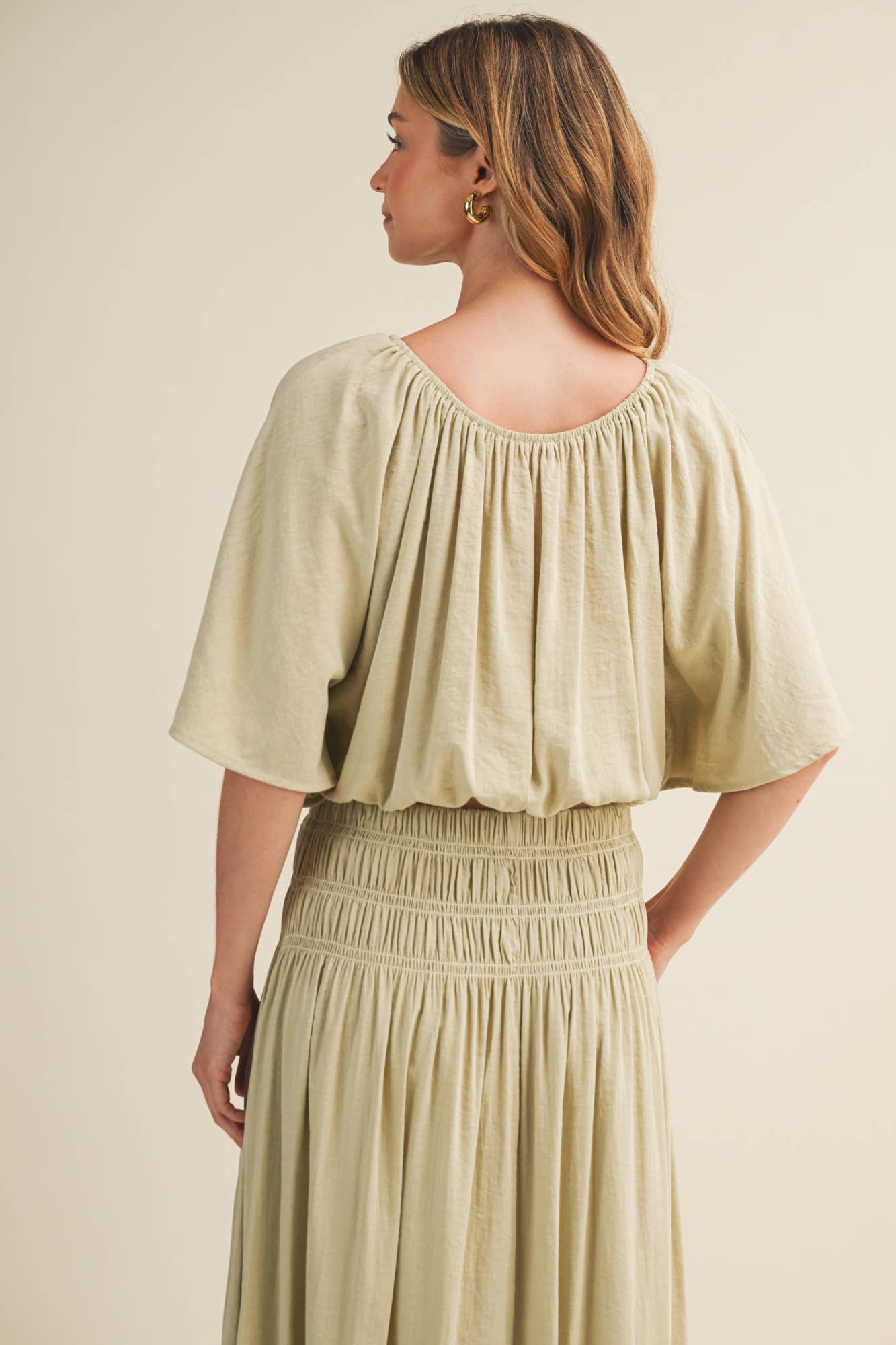 sage green peasant blouse, shirred waist blouse, voluminous sleeve top, cropped peasant top, gathered neckline blouse, boho woven blouse, elastic waist blouse, sage green crop top, romantic blouse, matching set top