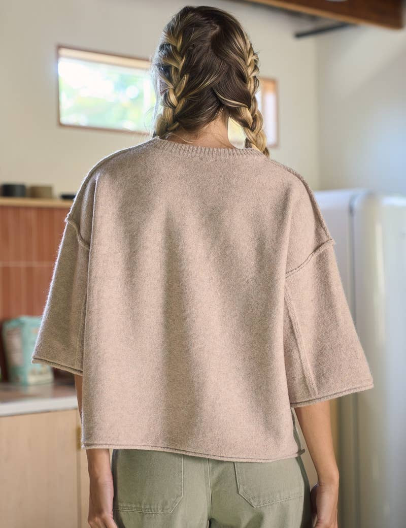 women's warm taupe short sleeve sweater with crew neckline, drop shoulders, wide sleeves, and oversized relaxed fit