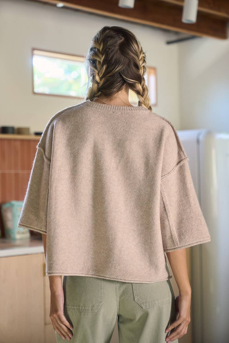 women's warm taupe short sleeve sweater with crew neckline, drop shoulders, wide sleeves, and oversized relaxed fit