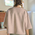 women's warm taupe short sleeve sweater with crew neckline, drop shoulders, wide sleeves, and oversized relaxed fit
