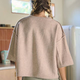 women's warm taupe short sleeve sweater with crew neckline, drop shoulders, wide sleeves, and oversized relaxed fit