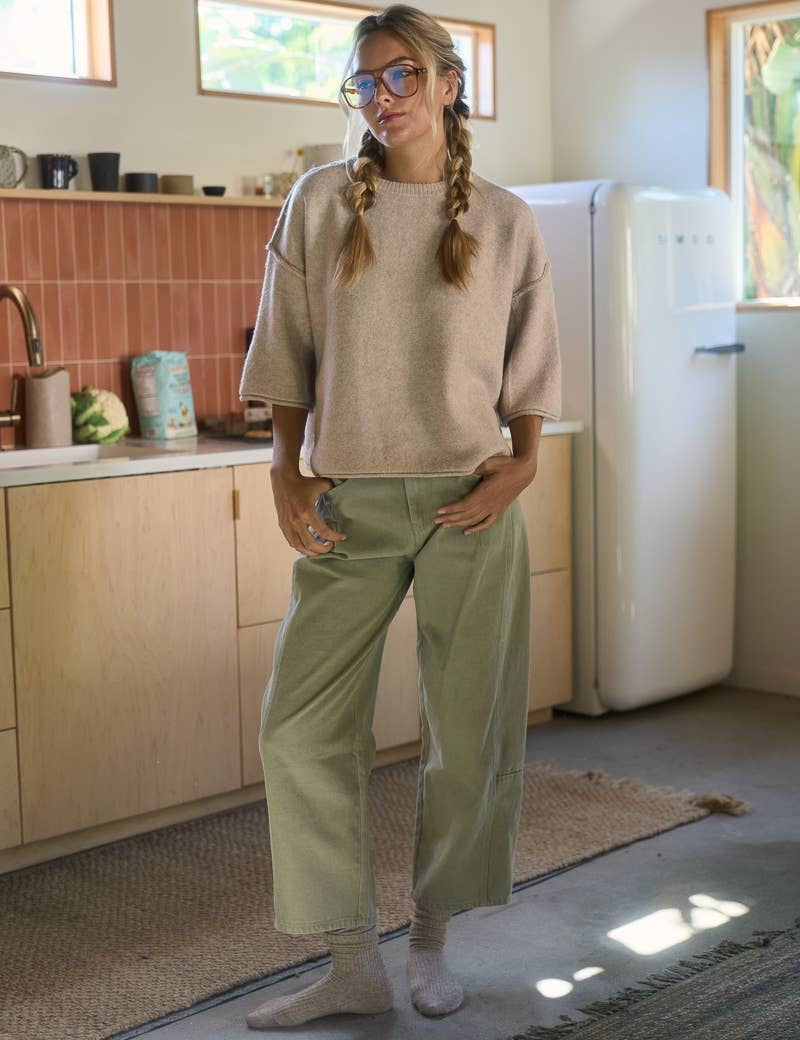 taupe short sleeve sweater, women's oversized sweater, short sleeve knit sweater, wool blend sweater, neutral fall sweater, relaxed fit sweater, women's fall knit top, lightweight fall sweater, oversized crew neck sweater