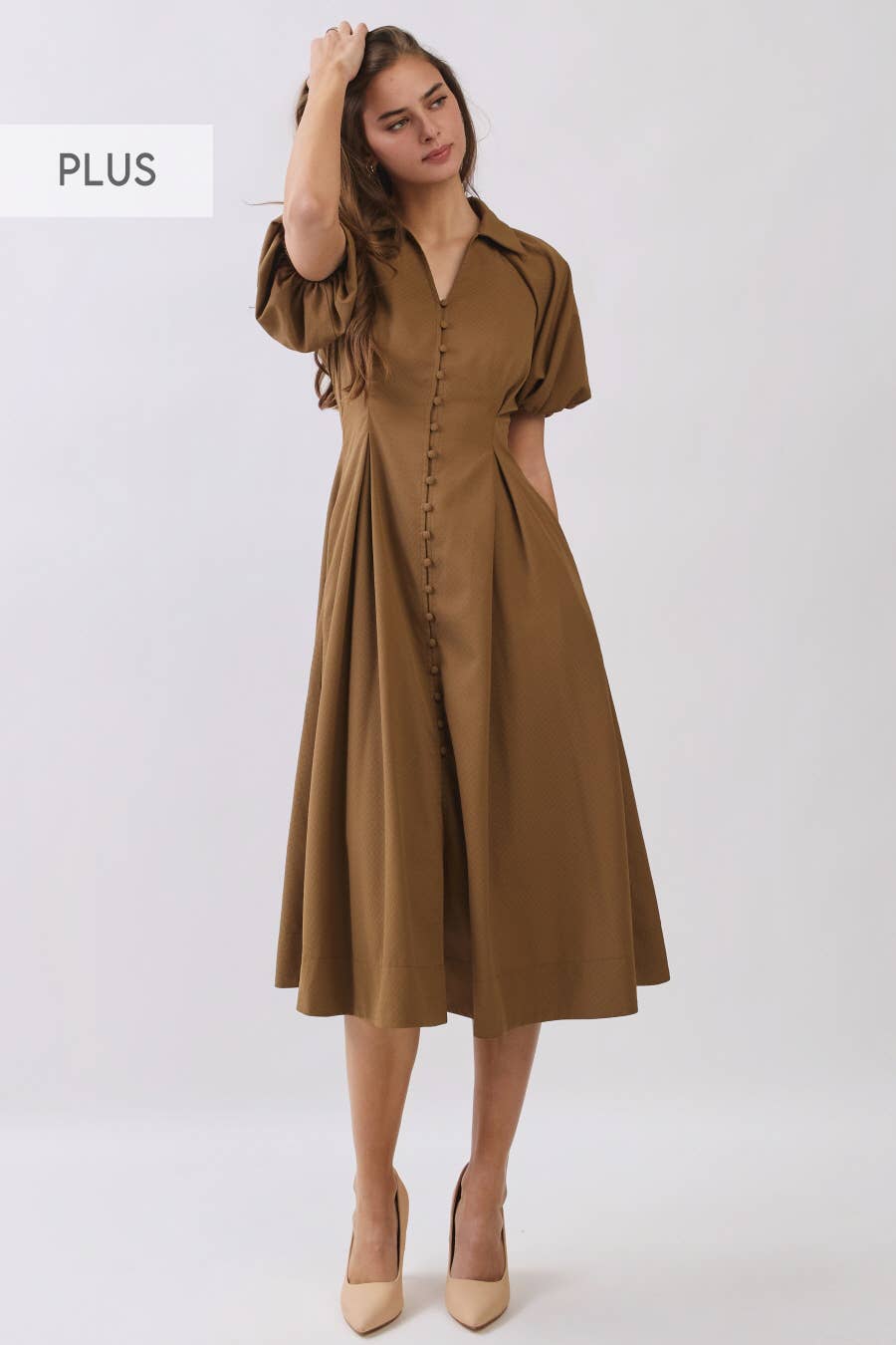 brown midi dress, camel midi dress, button front dress, collared midi dress, puff sleeve dress, fall midi dress, vintage inspired dress, brown wedding guest dress, fall wedding guest dress, fitted waist dress, plus size midi dress, extended size dress